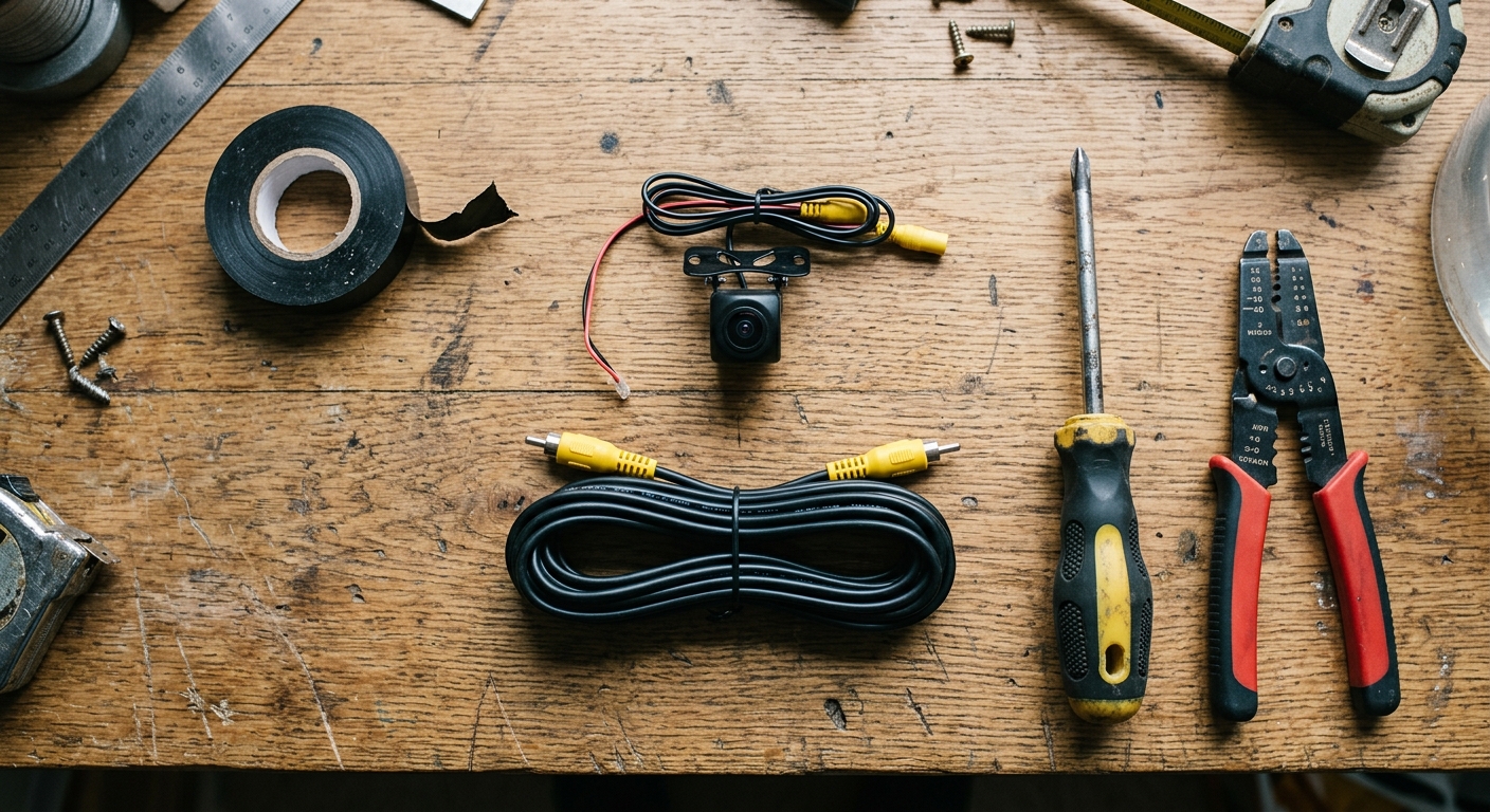 Vue d'ensemble du matériel nécessaire pour installer une caméra de recul sur autoradio Android