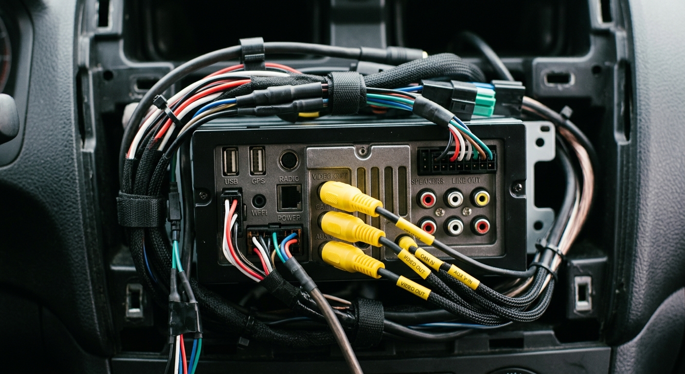 Inspection des connectiques à l'arrière d'un autoradio Android avant l'installation