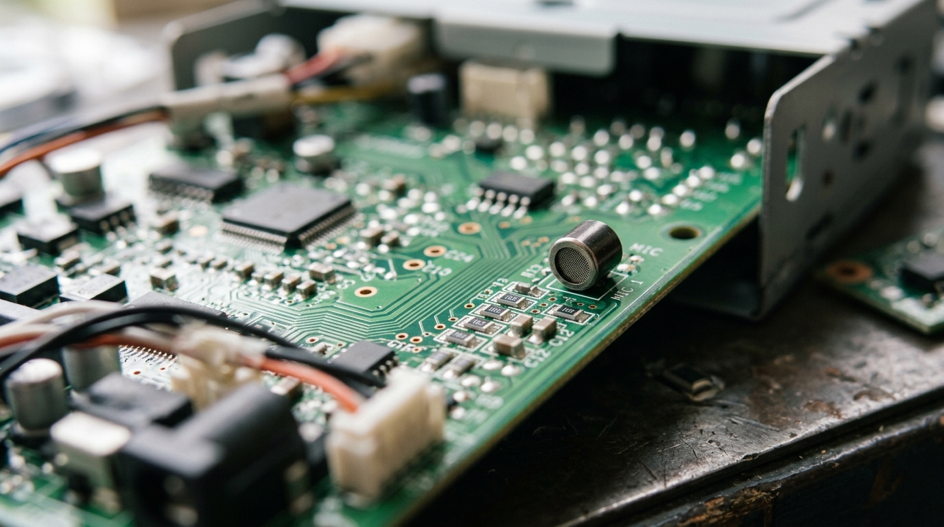 Démontage de la carte mère d'un autoradio Android pour repérer le micro interne soudé en façade.