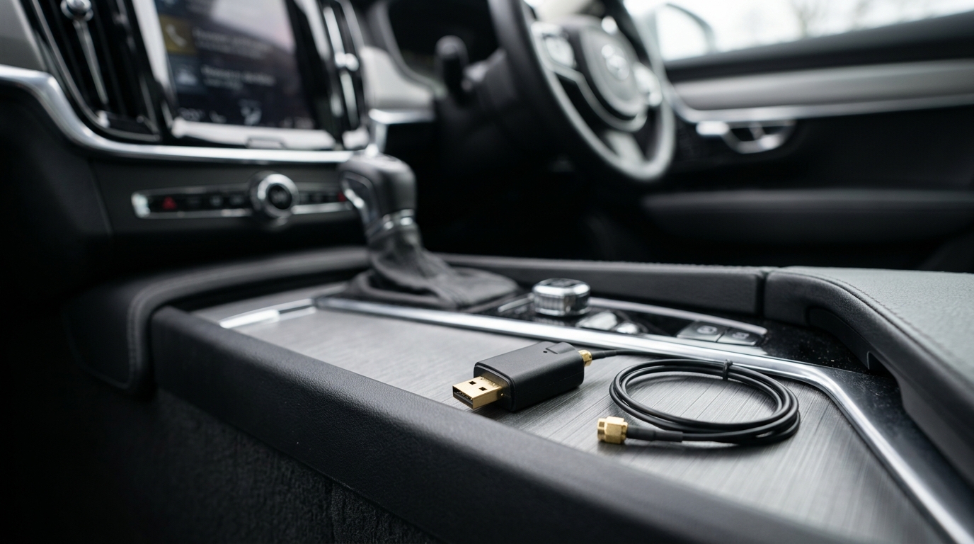 Un module récepteur DAB+ USB classique avec son câble d'antenne débranché, posé sur une console centrale de voiture.