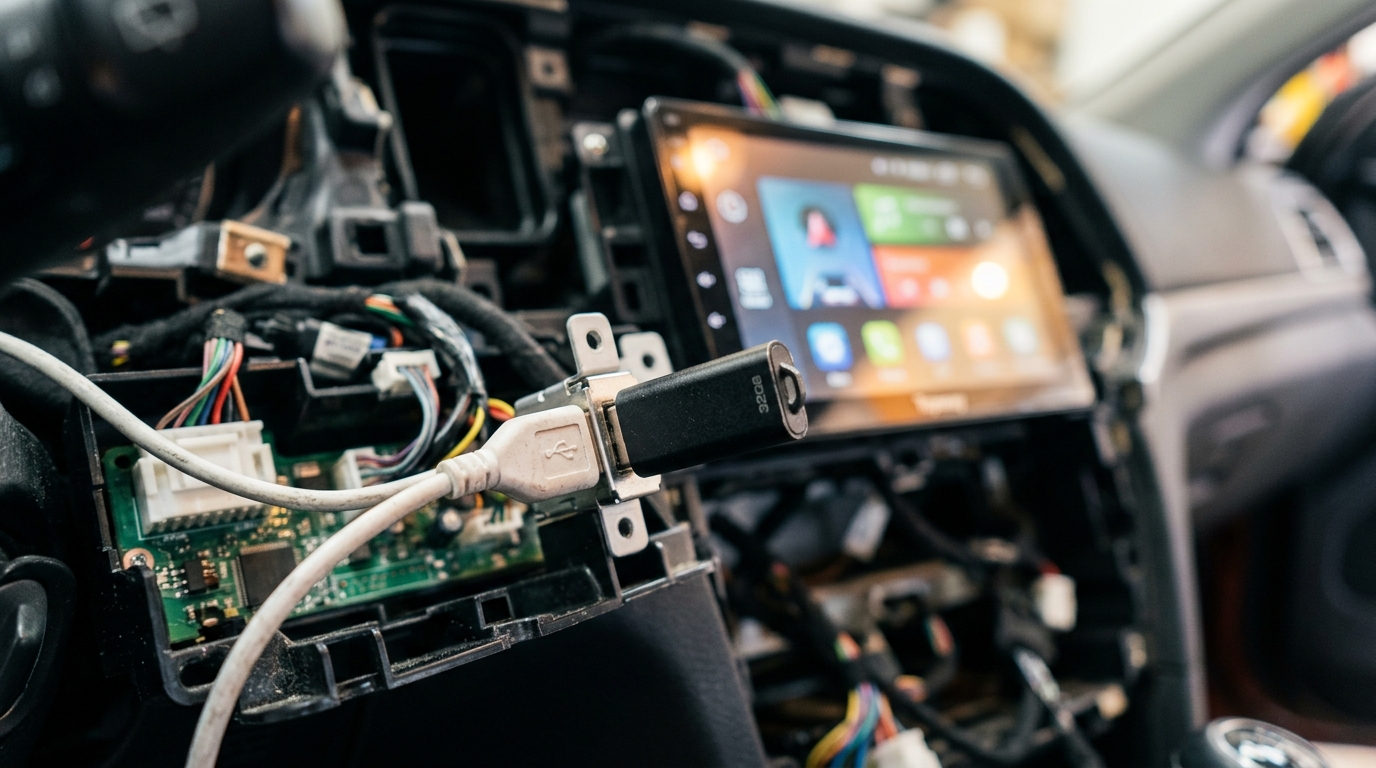 Clé USB branchée sur le port d'un autoradio Android pour flasher les pilotes d'affichage.