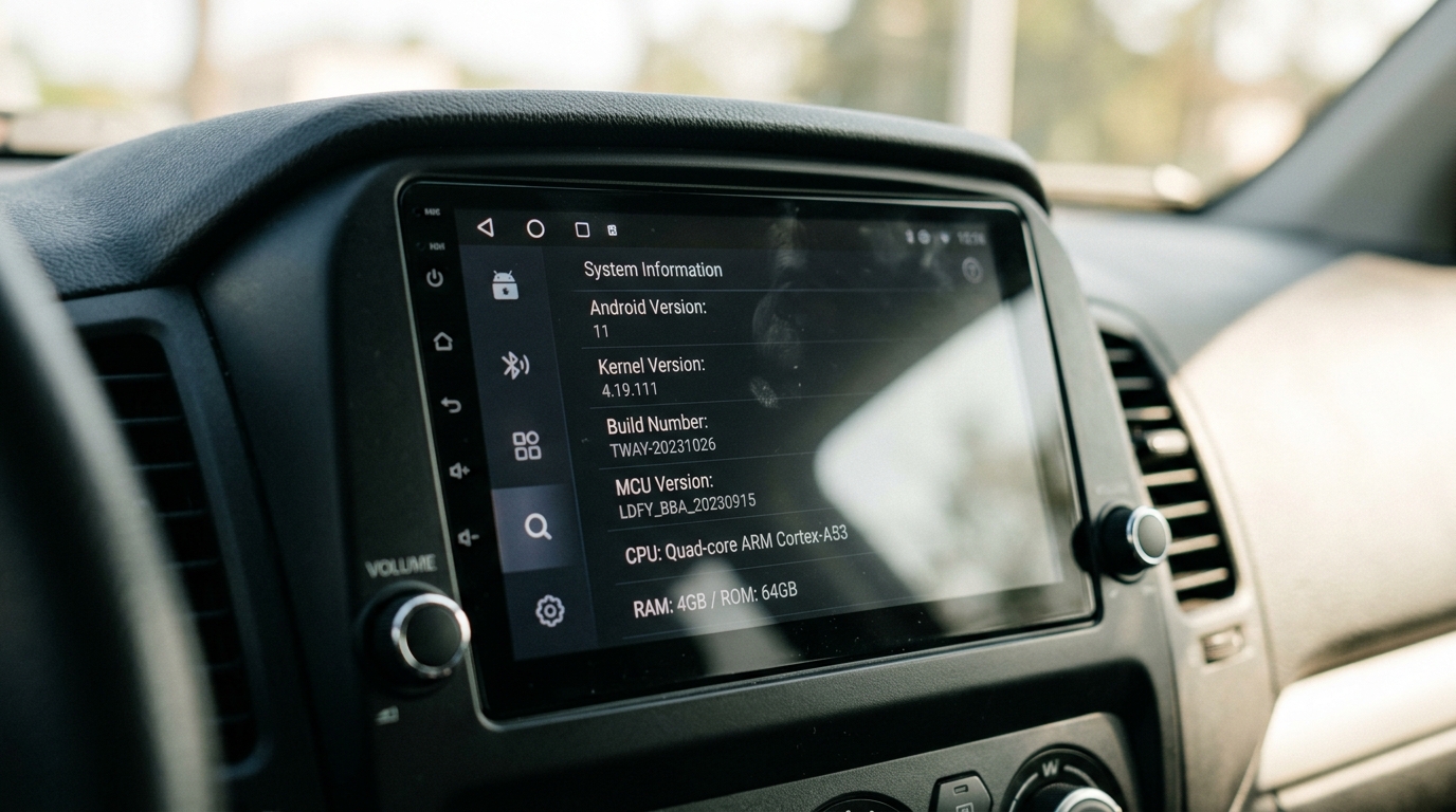 Menu des informations système d'un autoradio Android Topway affichant la version du MCU et du firmware