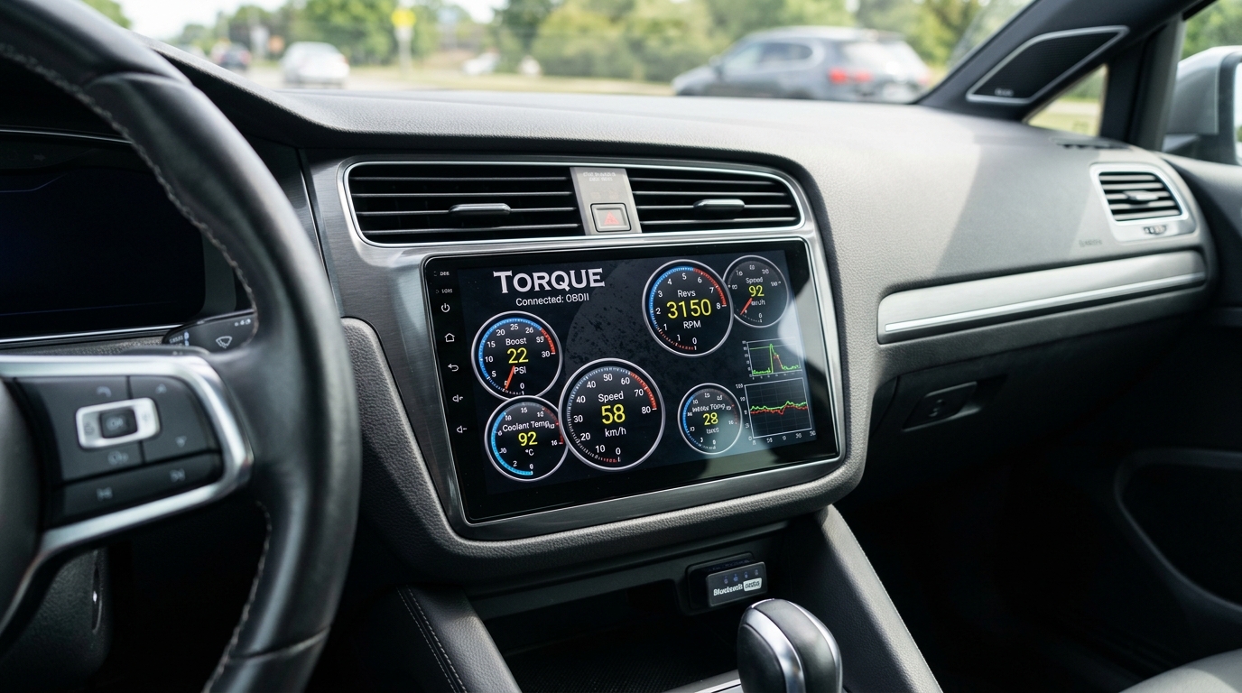 Configuration de l'application Torque Pro sur un écran d'autoradio Android avec jauges de diagnostic