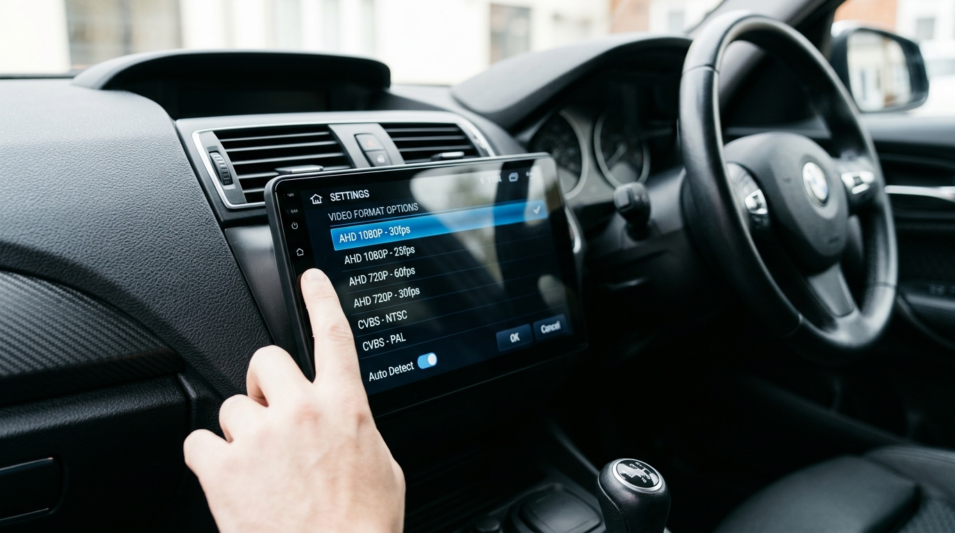 Menu des paramètres d'usine d'un autoradio Android montrant les formats vidéo AHD et CVBS.
