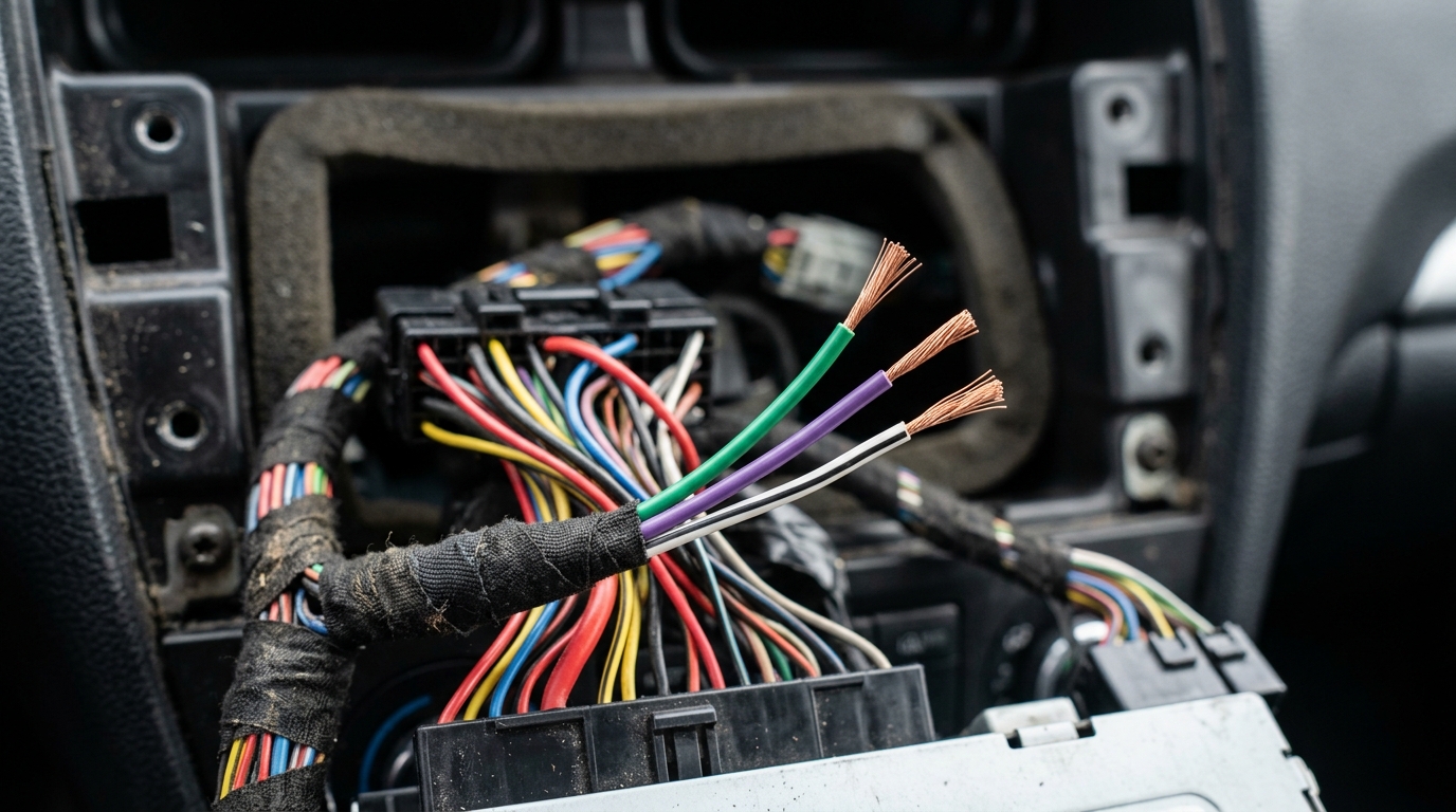 Faisceau de câbles d'autoradio Android montrant les fils Key 1, Key 2 et GND
