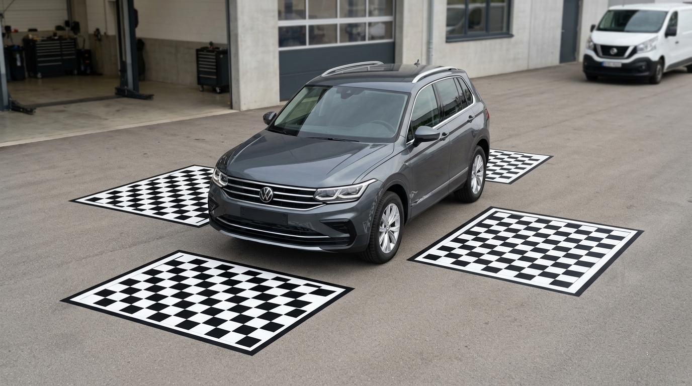 Quatre tapis de calibration à damier disposés autour d'un véhicule sur un parking plat.