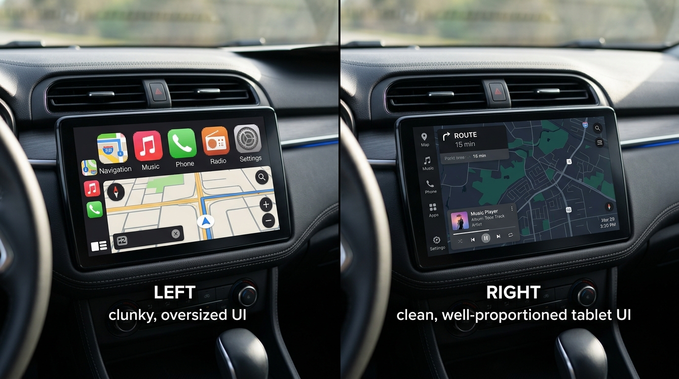 Comparaison de l'interface Spotify en mode téléphone et en mode tablette sur un écran d'autoradio Android de 10 pouces.