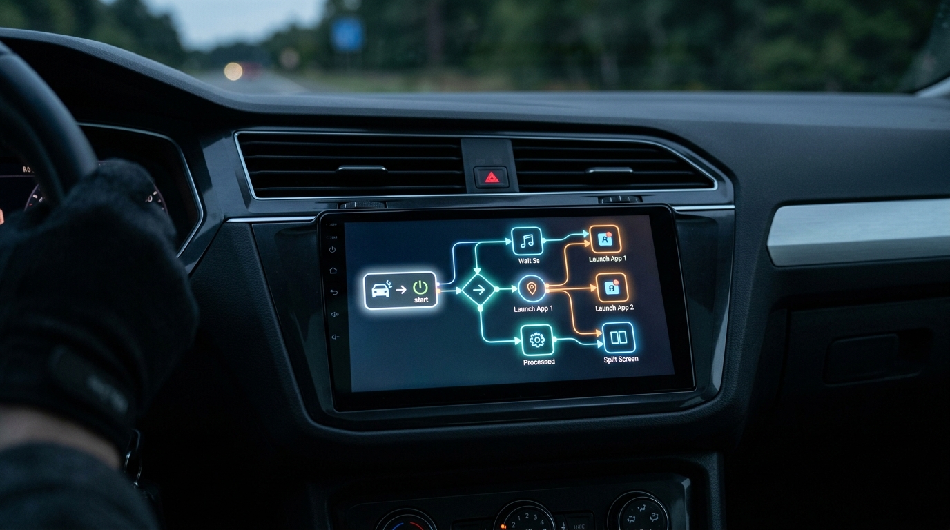 Interface de l'application MacroDroid configurée pour lancer Waze et Spotify en écran scindé sur un autoradio Android