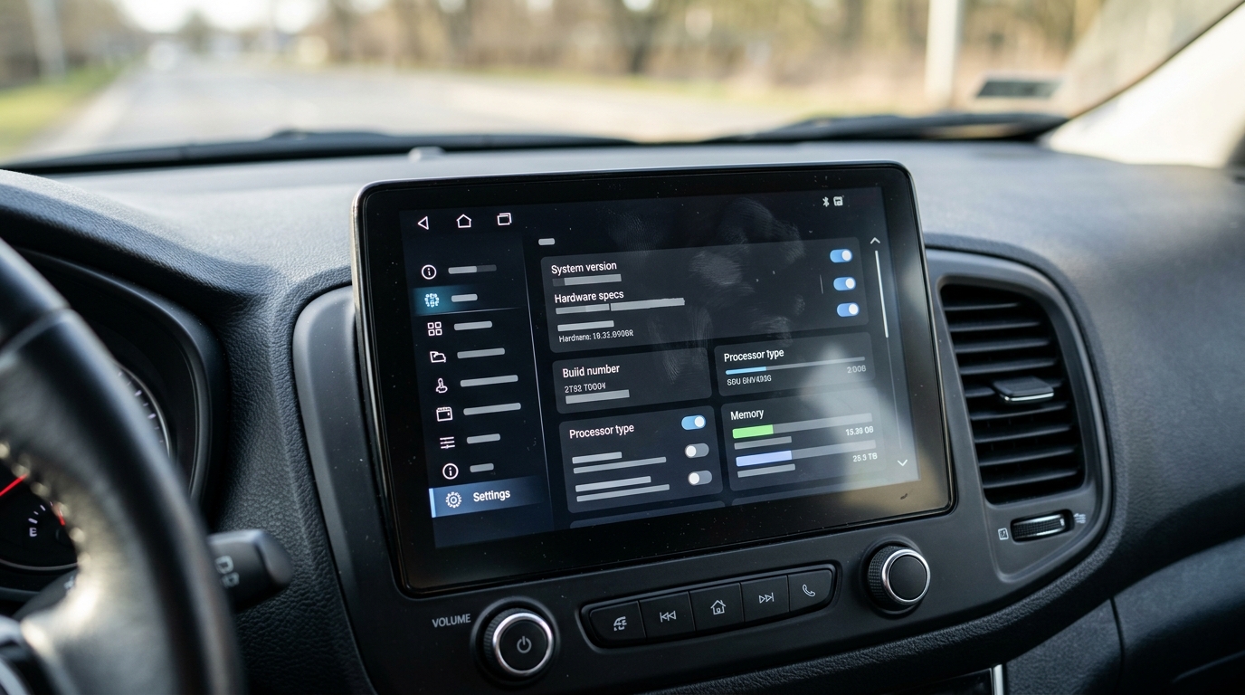 Gros plan sur l'écran d'un autoradio Android affichant les informations système et la version MCU