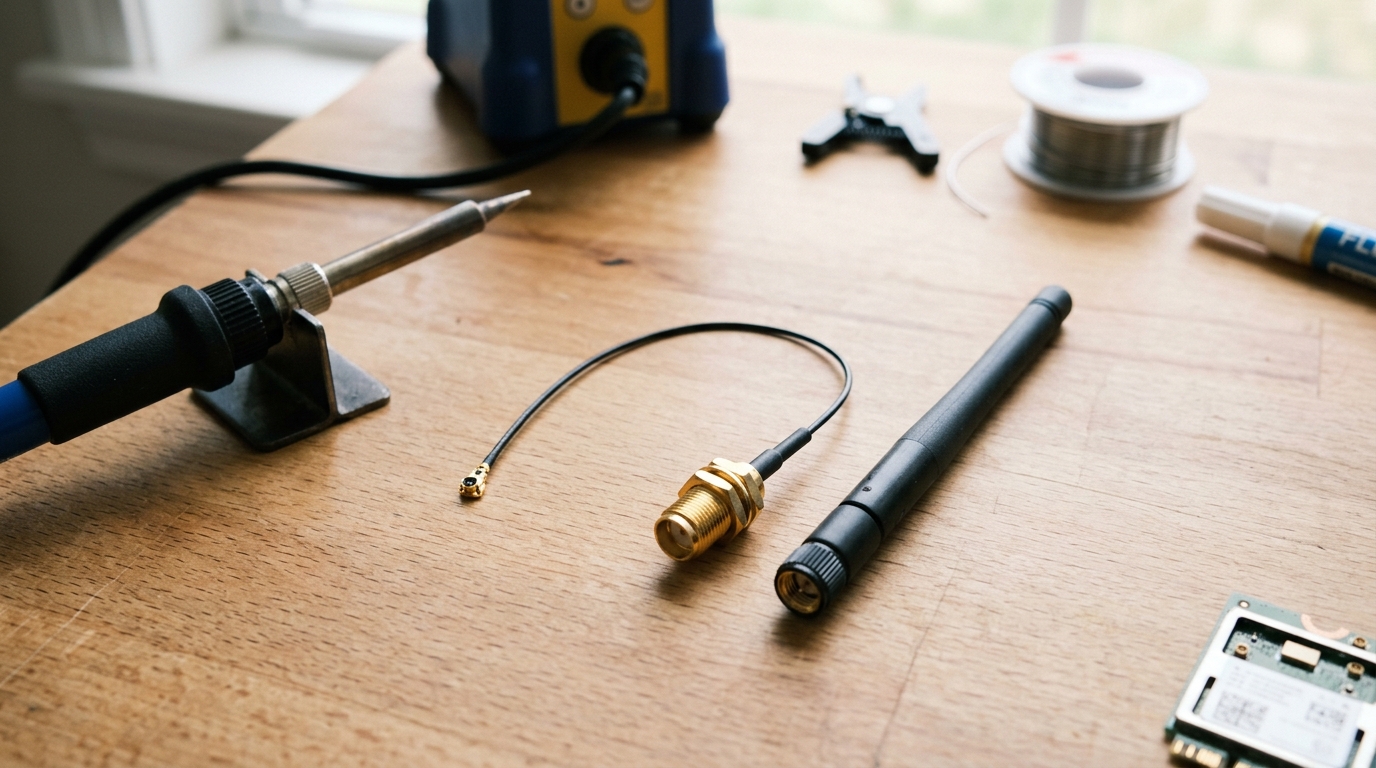Matériel de modding avec câble pigtail IPEX vers SMA et fer à souder sur un établi